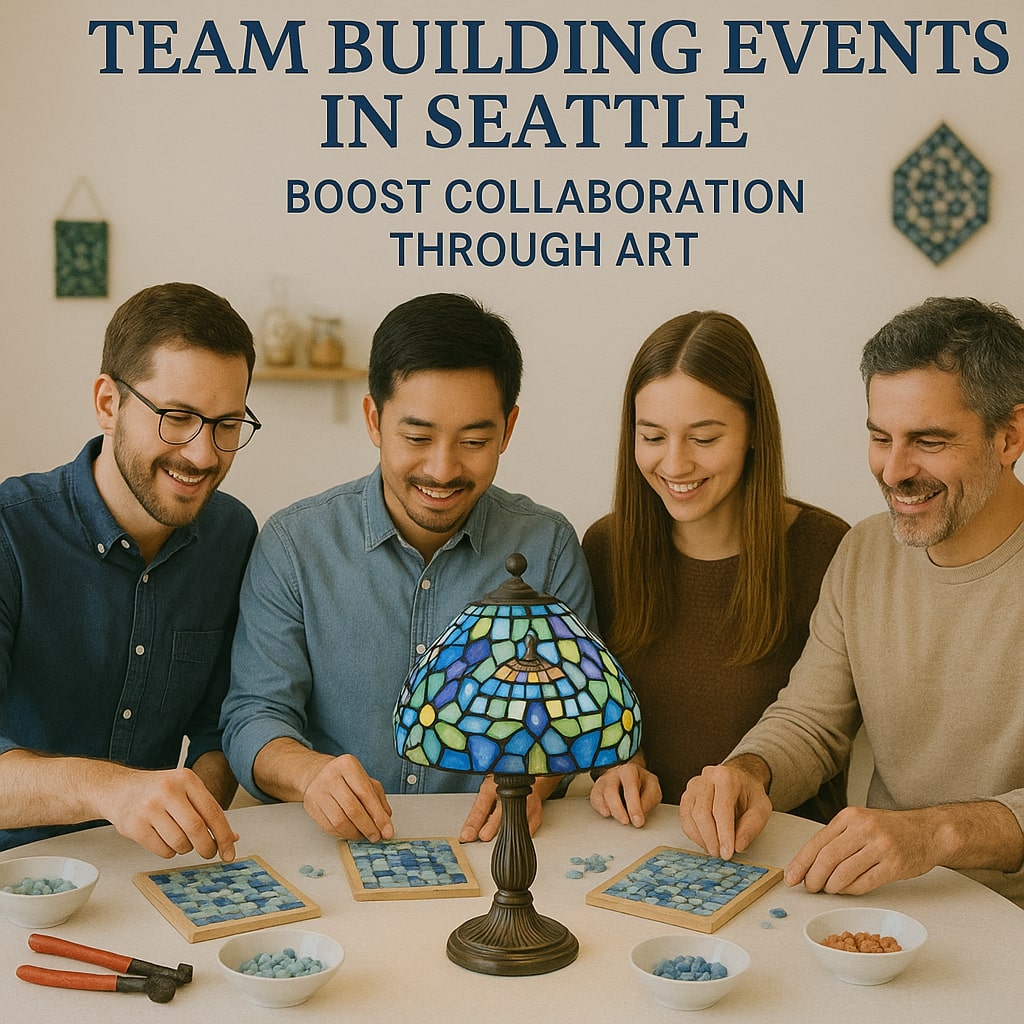 Group of four diverse adults doing mosaic art at a team building event in Seattle with stained glass lamp