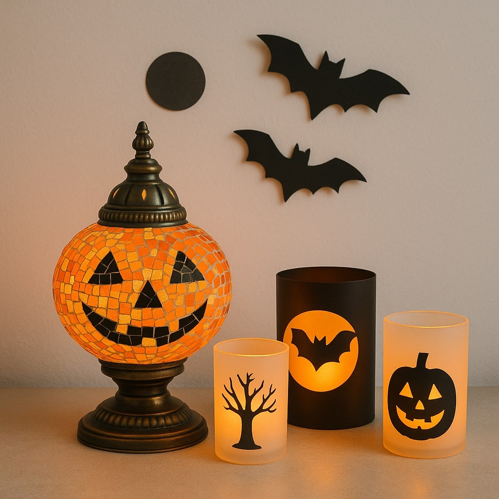Halloween decor with glowing pumpkin mosaic lamp and candles featuring bat, tree, and jack-o-lantern silhouettes