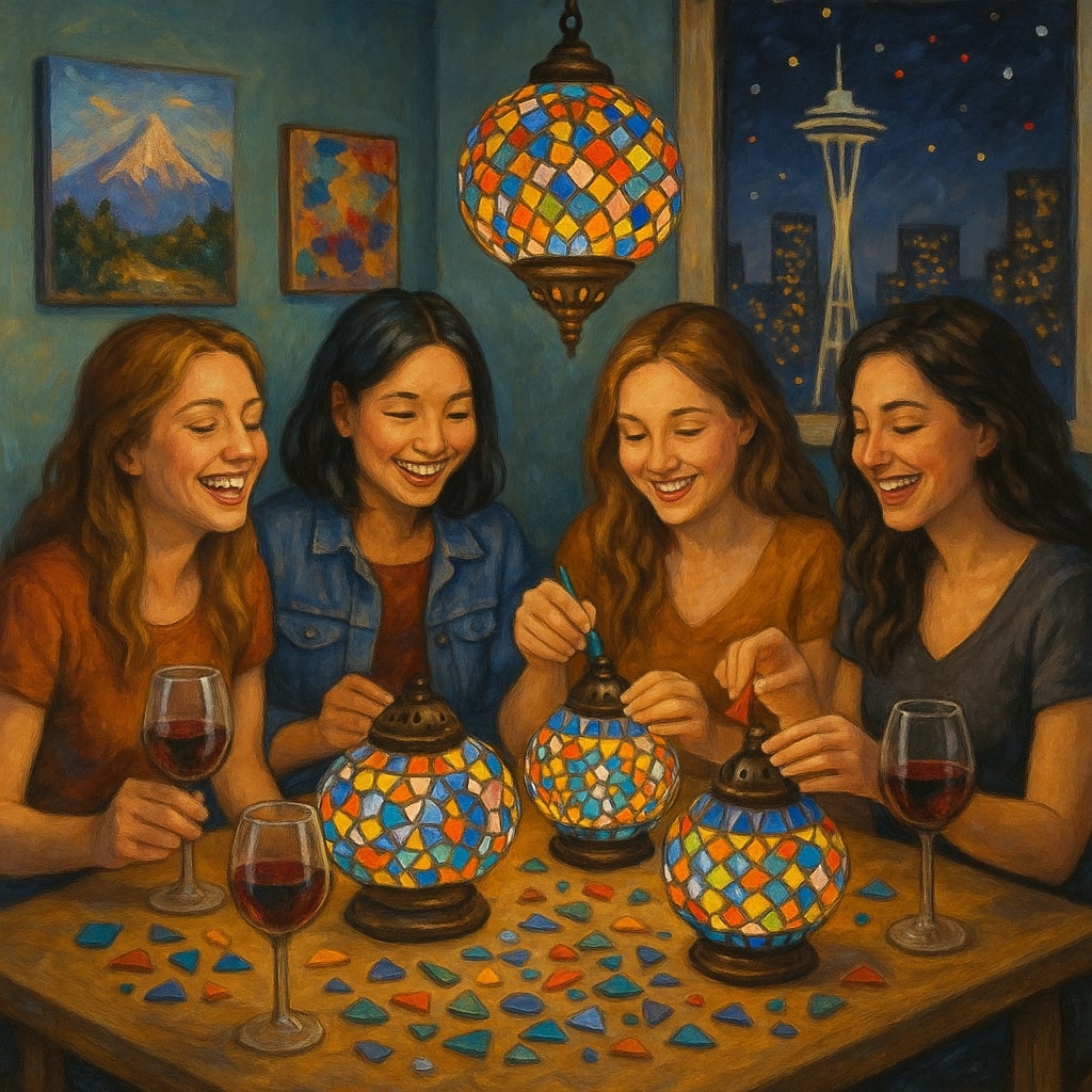 Four women joyfully making mosaic lamps with stained glass pieces at a table with red wine glasses