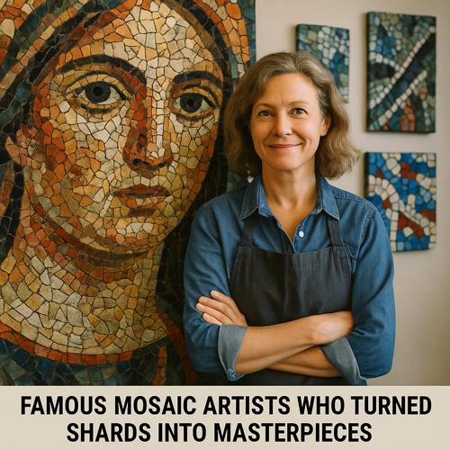 Female mosaic artist standing next to large mosaic portrait in studio with colorful mosaic artworks
