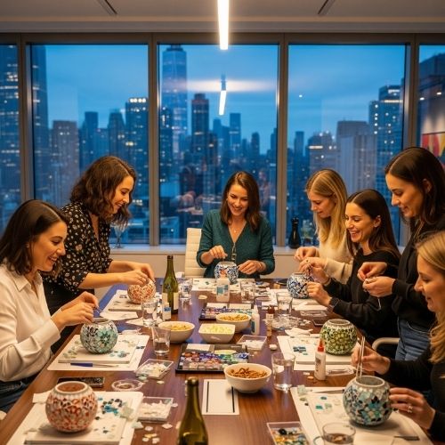 Group of women enjoying a mosaic art night indoors with Manhattan skyline at dusk through large windows