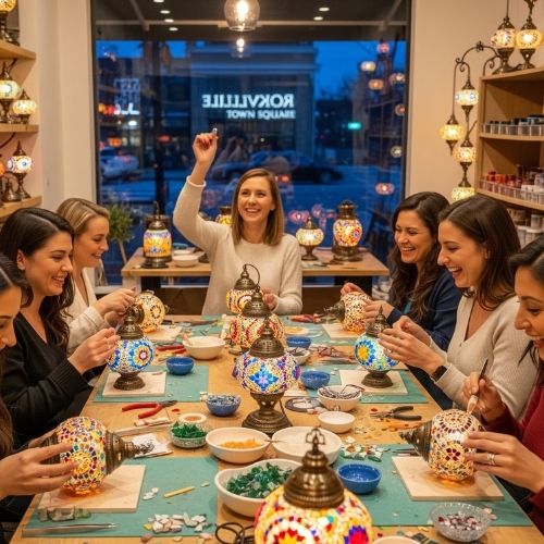 Group of women enjoying mosaic lamp making workshop at Rockville Town Square artisan studio