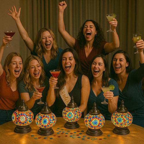 Group of seven women celebrating with cocktails at a party, colorful lanterns on table