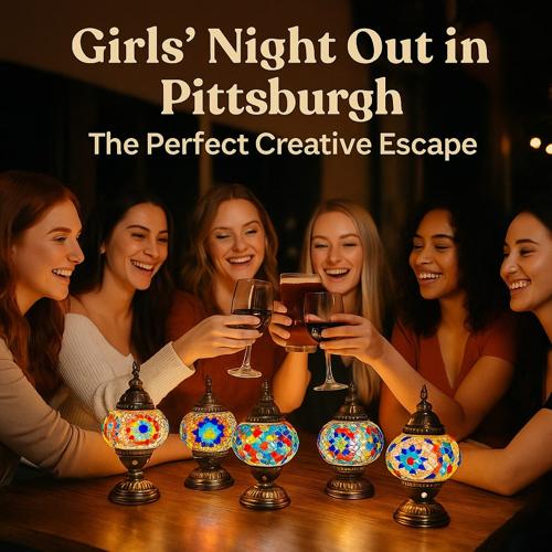 Group of six women enjoying girls' night out in Pittsburgh, toasting drinks around a table with colorful mosaic lamps