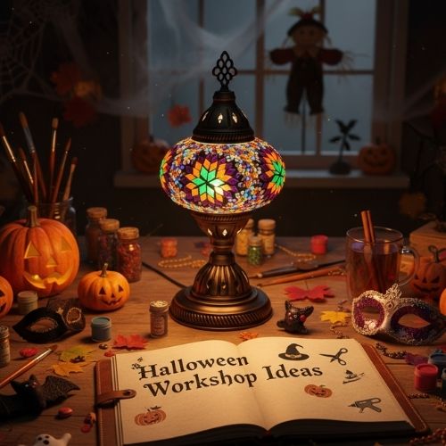 Halloween workshop scene with colorful mosaic lamp, jack-o'-lanterns, craft supplies, masks, and open book titled Halloween Workshop Ideas