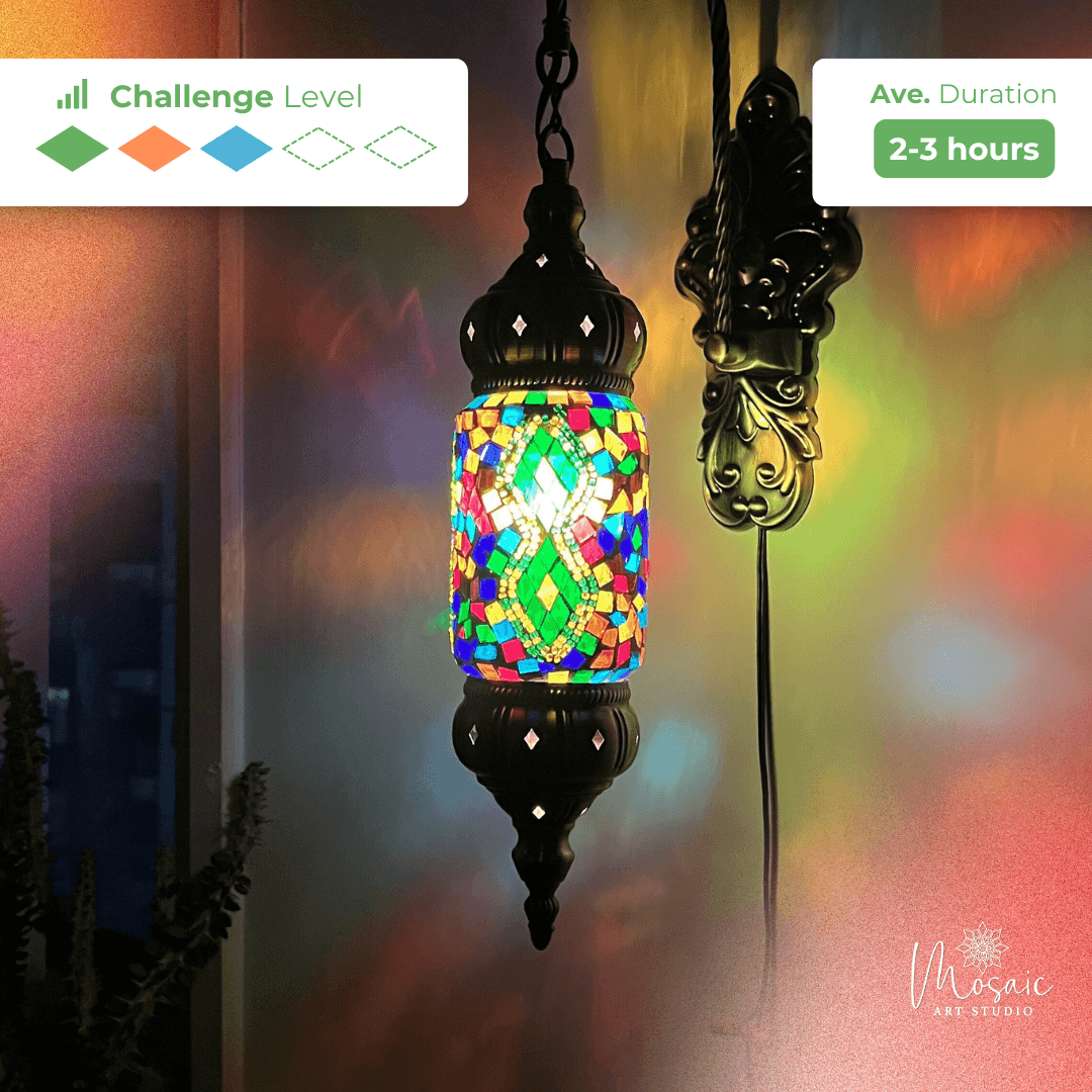 Colorful mosaic hanging lamp casting vibrant light patterns on a wall