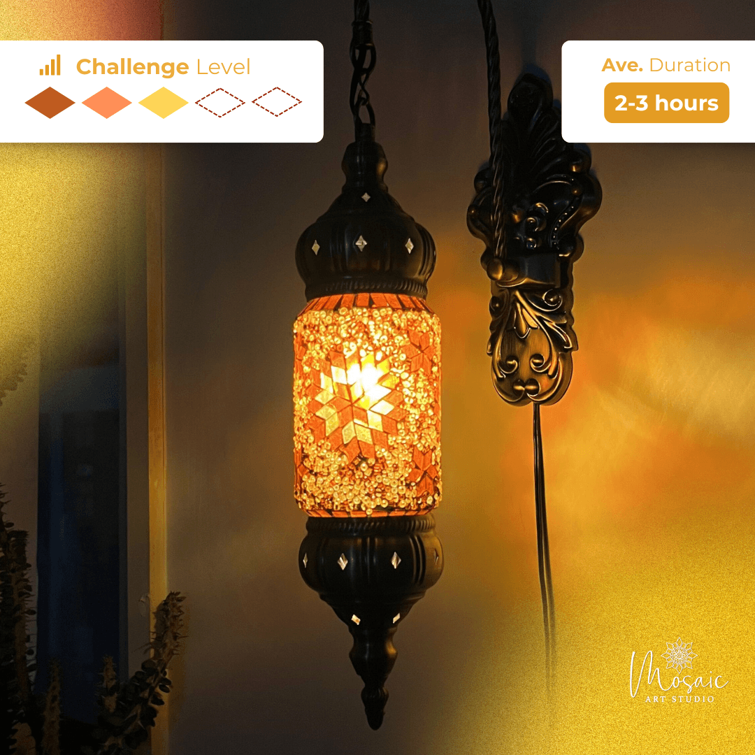 Ornate mosaic hanging lamp glowing warmly with detailed patterns, challenge level and duration info