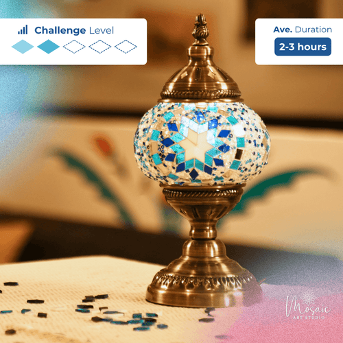 Decorative mosaic lamp with blue and white glass pieces, brass base, 2-3 hour project, medium challenge