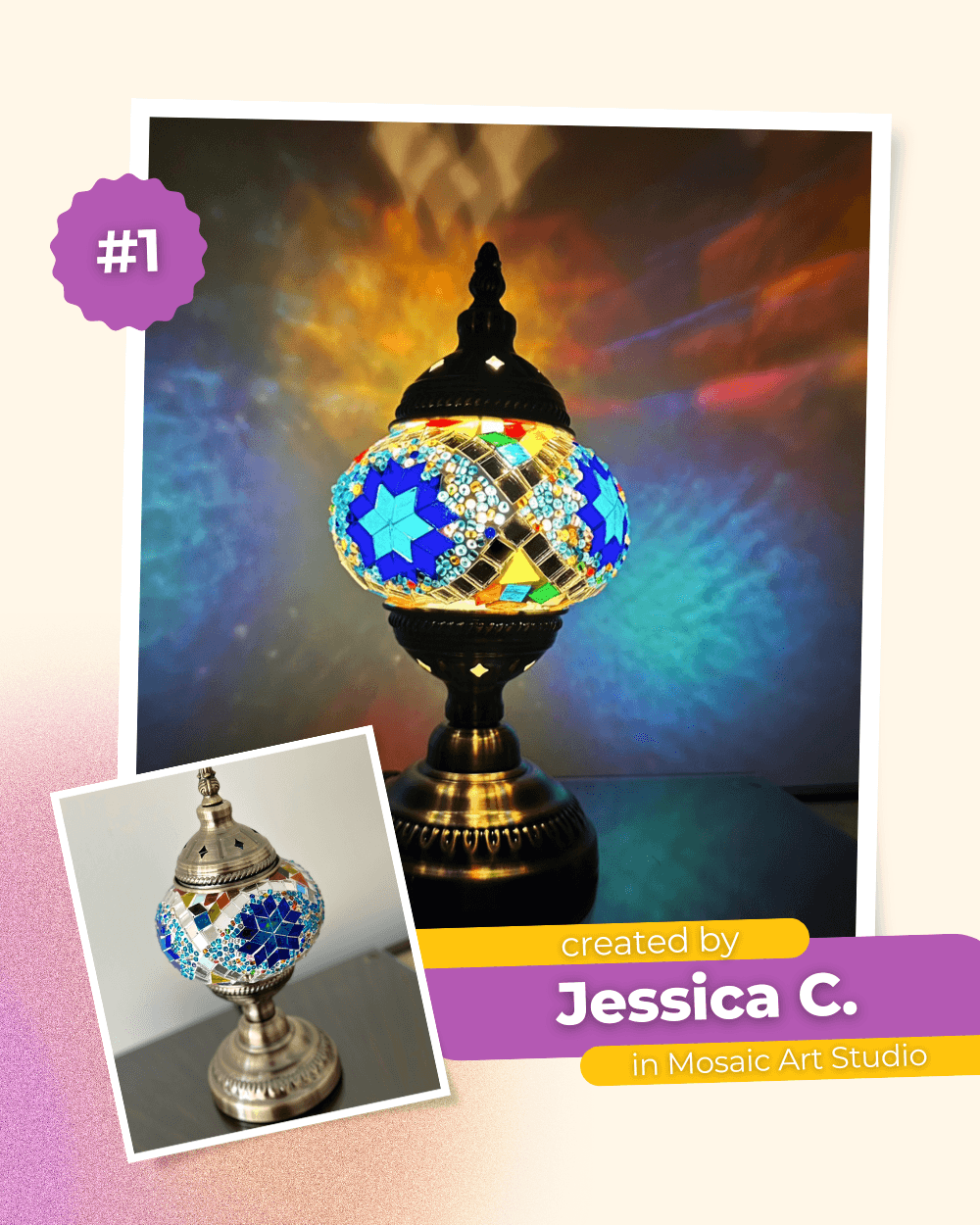Handcrafted mosaic table lamp with blue star patterns and colorful glass beads, glowing warmly