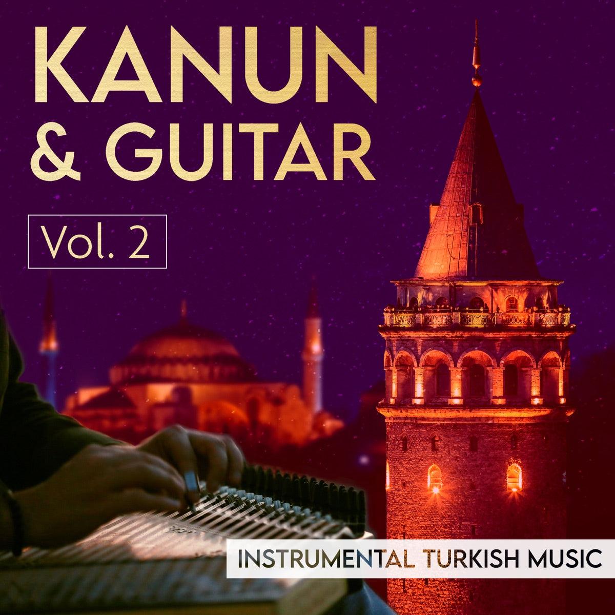 Hands playing kanun instrument with illuminated Galata Tower and Turkish skyline at night