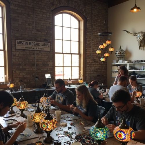 Group crafting colorful mosaic lamps in Austin Mosaic Lamps workshop with brick walls and large windows