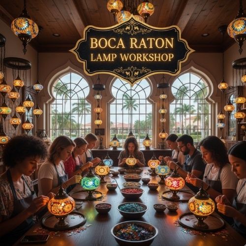 Boca Raton Lamp Workshop with people crafting colorful mosaic lamps under arched windows