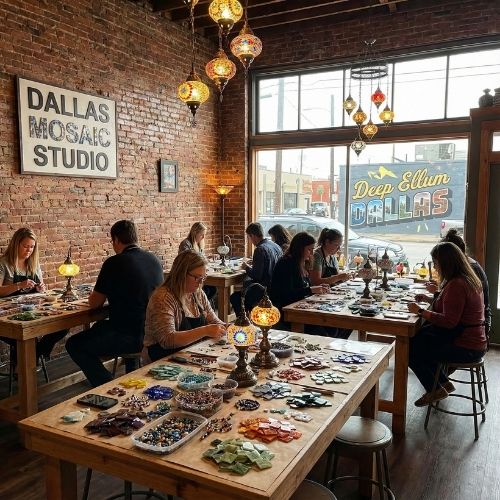 Dallas Mosaic Studio workshop with people creating mosaic art under hanging mosaic lamps in a brick-walled space