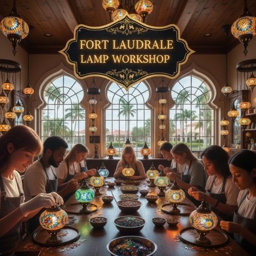 People crafting colorful mosaic lamps at Fort Lauderdale Lamp Workshop with large arched windows and hanging lamps