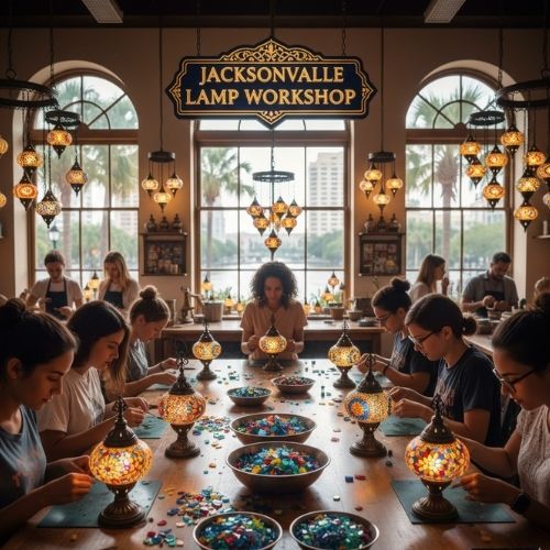 People crafting colorful mosaic lamps at Jacksonville Lamp Workshop with hanging lamps and large windows