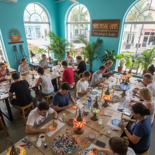 People creating colorful mosaic lamps in a bright Miami workshop with large arched windows and tropical plants