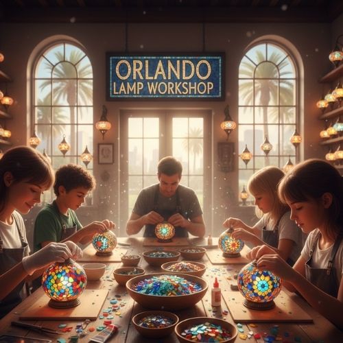 Group of people crafting colorful mosaic lamps at Orlando Lamp Workshop with bright windows and palm trees