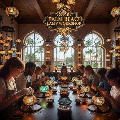 People crafting colorful mosaic lamps at Palm Beach Lamp Workshop in a room with arched windows and hanging lamps