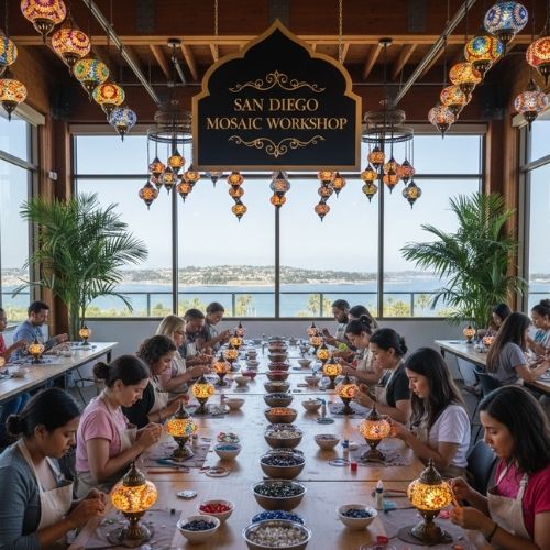 San Diego Mosaic Workshop with participants crafting colorful mosaic lamps overlooking bay view