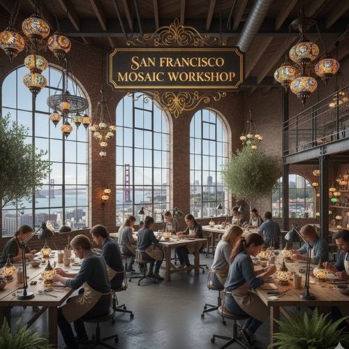 San Francisco Mosaic Workshop with artisans crafting mosaic lamps in studio overlooking city and Golden Gate Bridge