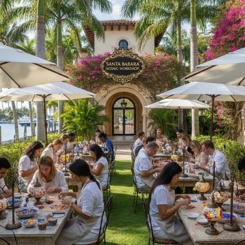 Outdoor mosaic lamp workshop in Santa Barbara with participants crafting colorful lamps under umbrellas and palm trees
