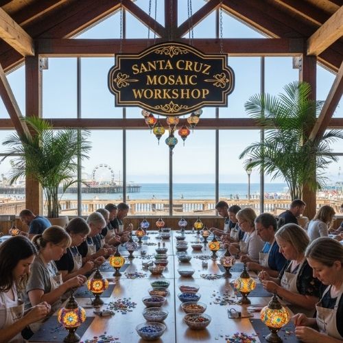 Santa Cruz Mosaic Workshop with people crafting colorful mosaic lamps by large windows overlooking the beach and pier