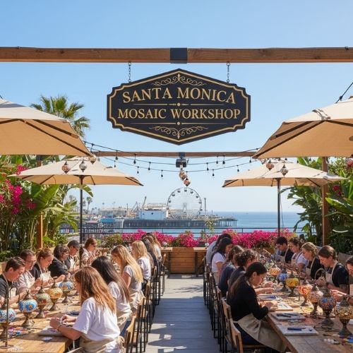Outdoor mosaic lamp workshop in Santa Monica with participants crafting under umbrellas near the beach and pier