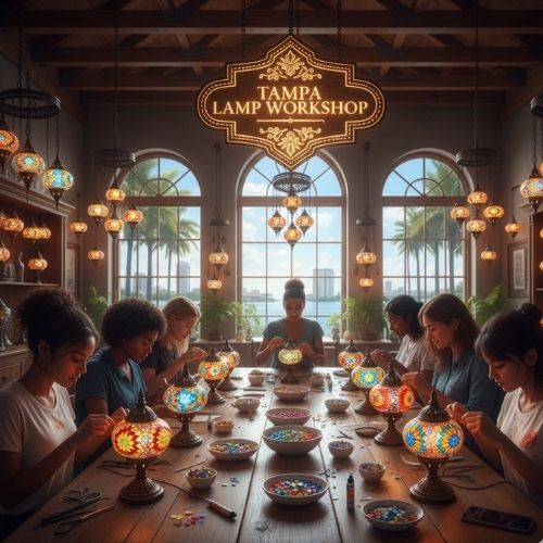 Women creating colorful mosaic lamps at Tampa Lamp Workshop with large arched windows and palm trees outside