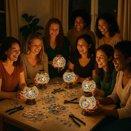 Group of women smiling and holding colorful mosaic lanterns around a table with mosaic pieces and tools