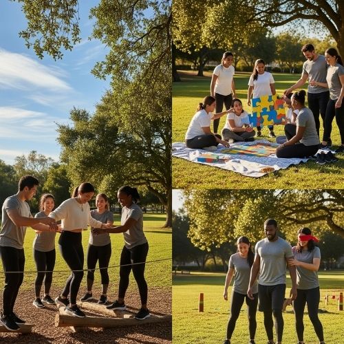 Group of diverse adults participating in outdoor team-building activities in a sunny park with trees