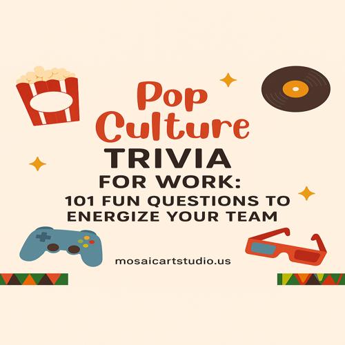 Pop Culture Trivia for Work with popcorn, vinyl record, game controller, and 3D glasses icons