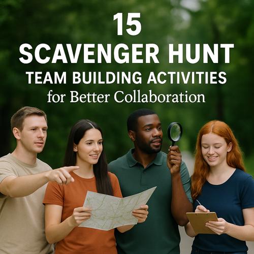 Four diverse adults using map, magnifying glass, and clipboard outdoors for scavenger hunt team building