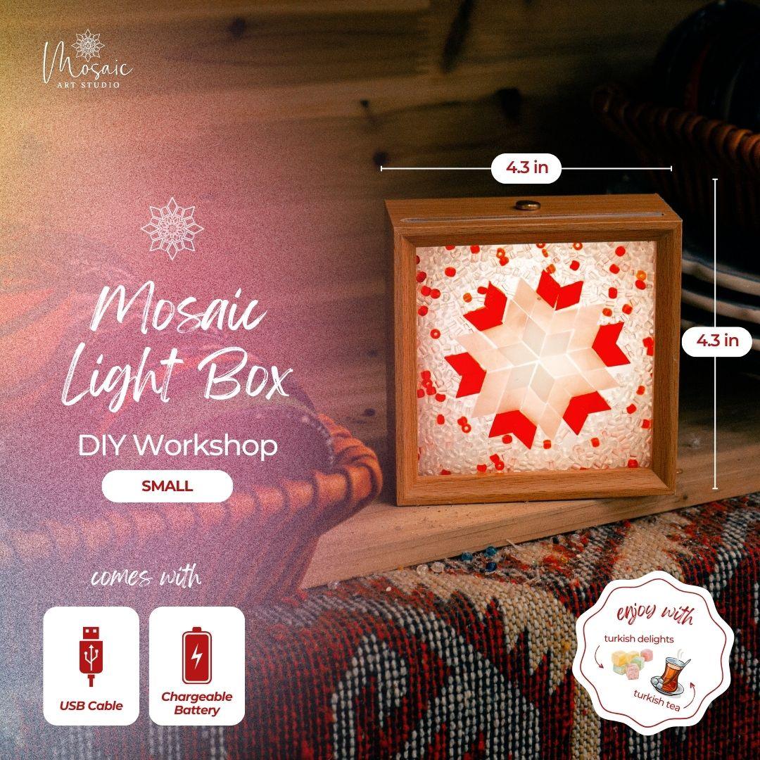 Small 4.3 inch mosaic light box with red and white star design, USB cable, and rechargeable battery