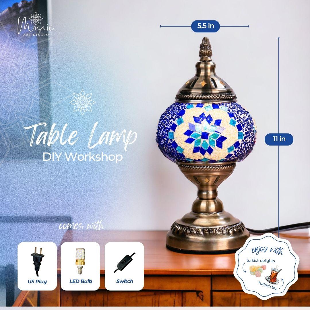 Turkish mosaic table lamp with blue and turquoise glass patterns on wooden surface