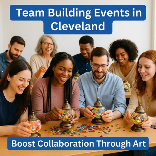 Diverse group enjoying creative team building event in Cleveland, crafting colorful mosaic art together