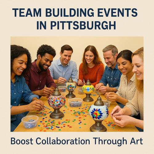 Diverse group participating in a Pittsburgh team building art activity arranging colorful pieces around decorative glass lanterns