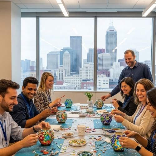 Diverse team building event in Indianapolis office crafting colorful mosaic lanterns with city skyline view