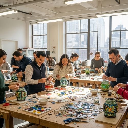 Group of adults creating colorful mosaic lanterns in a bright Manhattan workshop for a team building event
