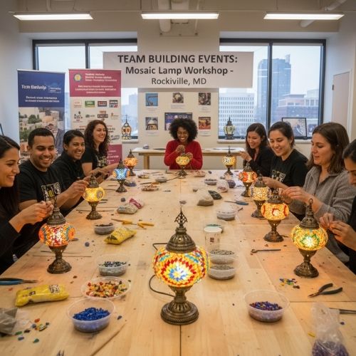Diverse group creating mosaic lamps in Rockville team building workshop with colorful lamps on table