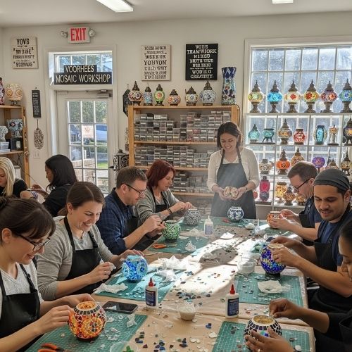 Group of adults creating colorful mosaic lamps in Voorhees Mosaic Workshop during a team building event