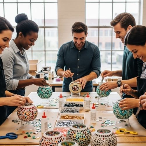 Diverse team building activity with coworkers creating mosaic art lanterns in bright workspace