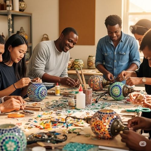 Group of adults crafting colorful mosaic lamps at a workshop in Indianapolis
