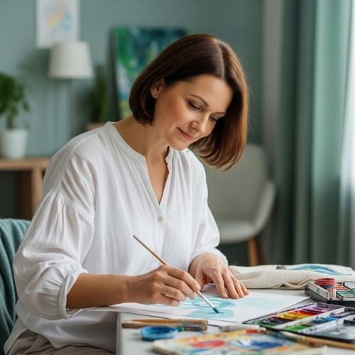 Woman painting with watercolors at a table in a calm, cozy room, illustrating art therapy concept