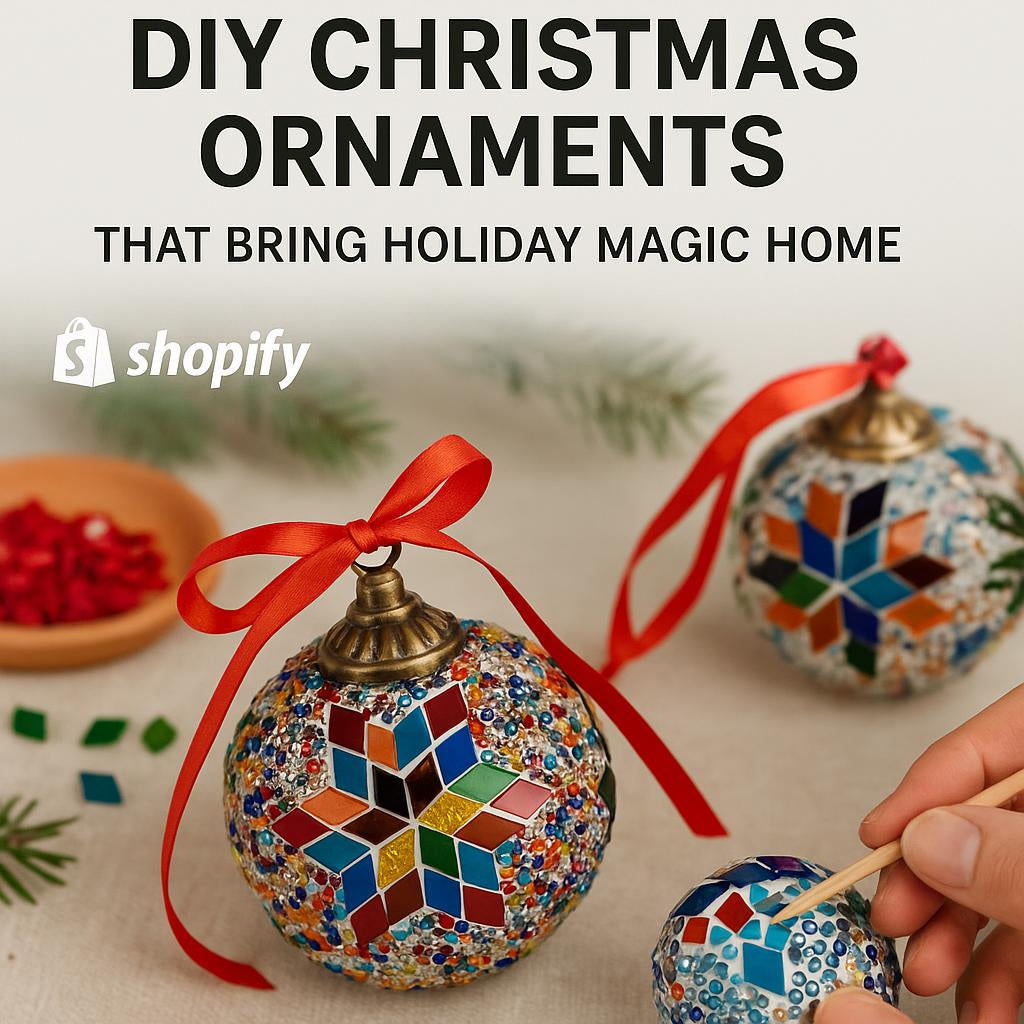 DIY Christmas ornaments with colorful mosaic patterns and red ribbons being handcrafted on a beige surface