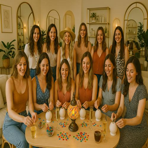 Group of cheerful women at a cozy indoor bachelorette party, playing games around a table with drinks