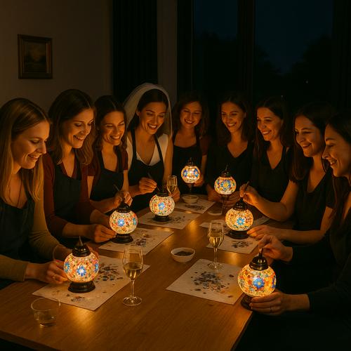 Group of women at a bachelorette party painting mosaics by colorful lantern light around a wooden table