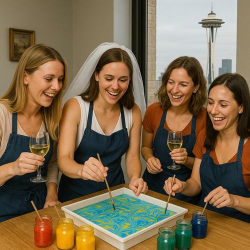 Four women enjoying painting party with colorful paints, wine glasses, and Seattle Space Needle view