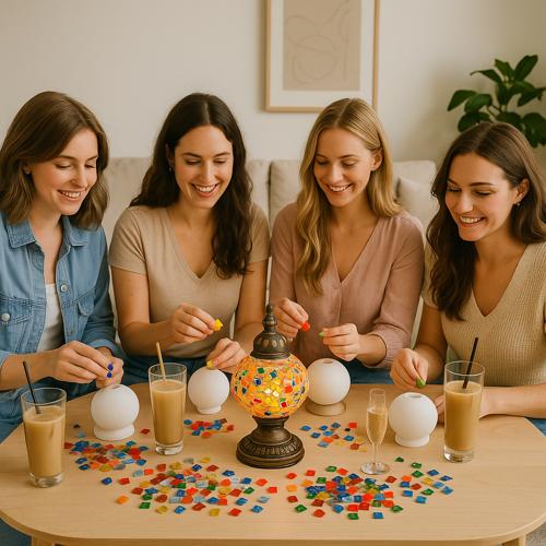 Four women decorating white balls with colorful mosaic tiles during a cozy indoor gathering