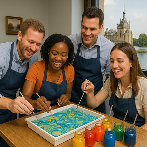 Four adults enjoying colorful ebru marbling art workshop indoors with castle view outside window
