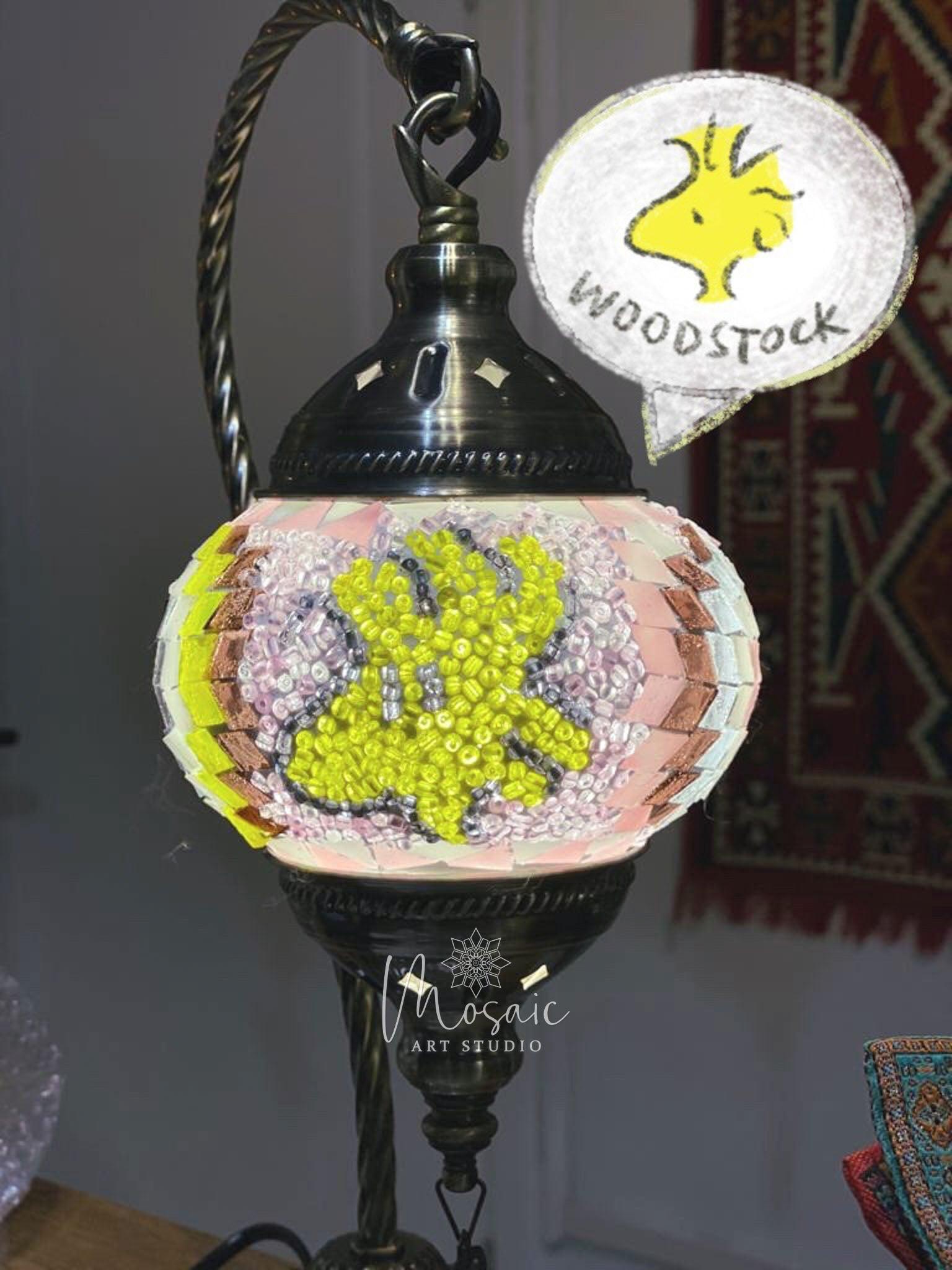 Turkish mosaic lamp featuring a handcrafted yellow Woodstock cartoon character with decorative beads